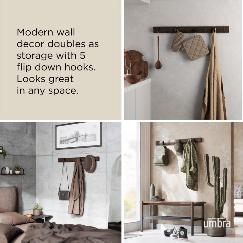 Umbra Flip Wall-Mounted Coat Rack with 8 Hooks â€“ Modern, Space-Saving Storage for Hats, Jackets, Bags, Entryway, Mudroom, Closet, Bathroom, Bedroom â€“ Black/Walnut - Image 4